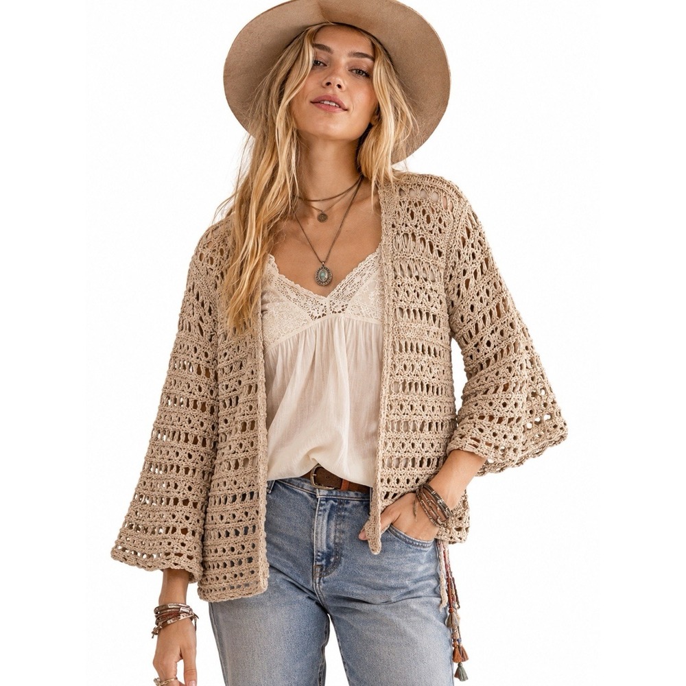 Open Knit Cardigan XL Beige Boho Lightweight Crochet Sweater Festival Whimsigoth